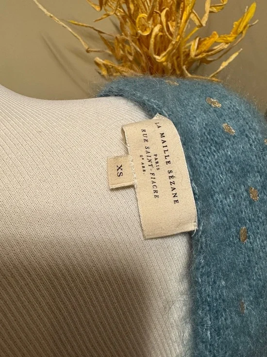 Sezane Teal Blue Gold Polka Dot Short Sleeve Knit Sweater Size XS NWOT - Picture 7 of 9